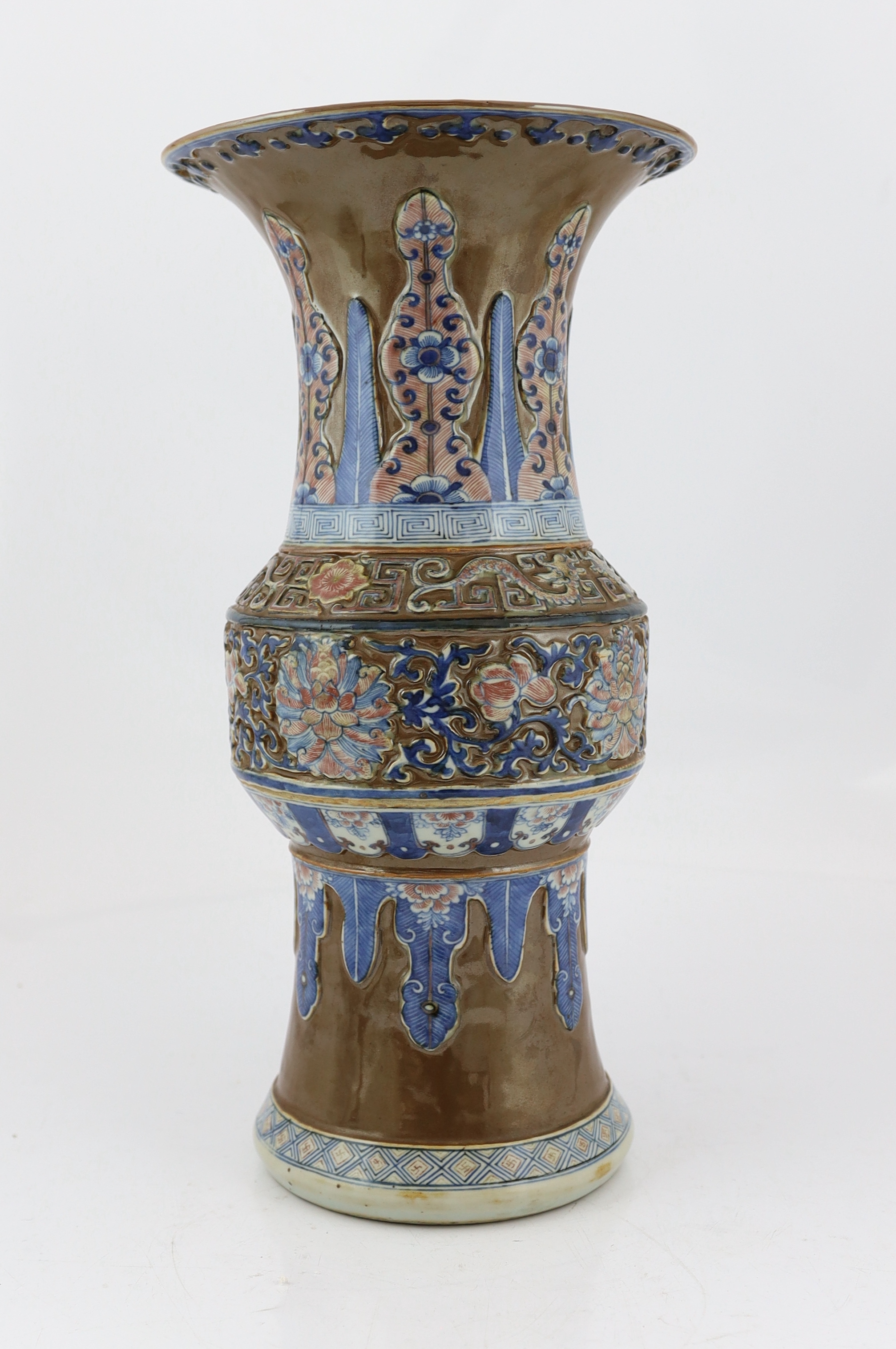 A large Chinese archaistic underglaze blue and copper red vase, zun, late 19th century